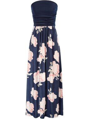 〽️Women’s Navy Pink Flower Strapless Maxi Dress Long Flowy Ruched Pocket Boho